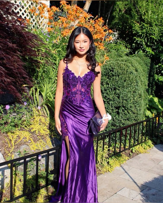 Gorgeous Spaghetti Straps Satin Appliques Evening Dress,Mermaid Slit Prom Party Gown cc2619