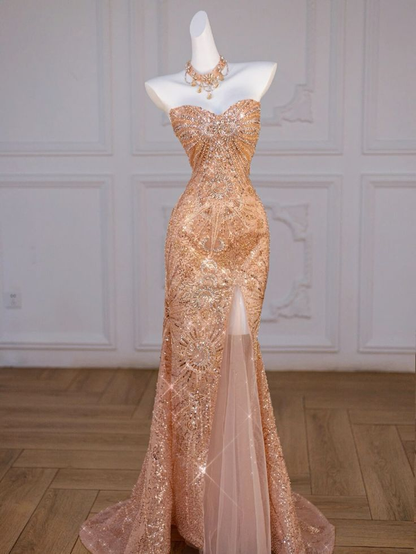 Luxurious Mermaid Sweetheart Sequin Long Slit  Evening Dress Gold Prom Dress cc2017