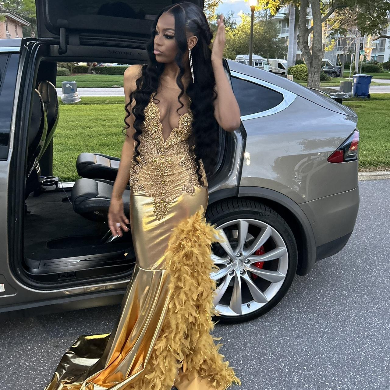 Luxurious Feathers Beaded Mermaid Evening Dress Gold Long Slit Prom Party Dress  cc2459