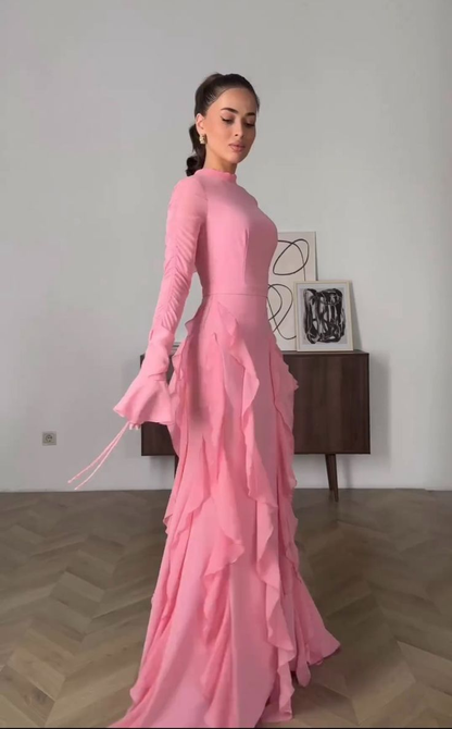 Pink Chiffon Ruffles Long Party Evening Dress cc2398