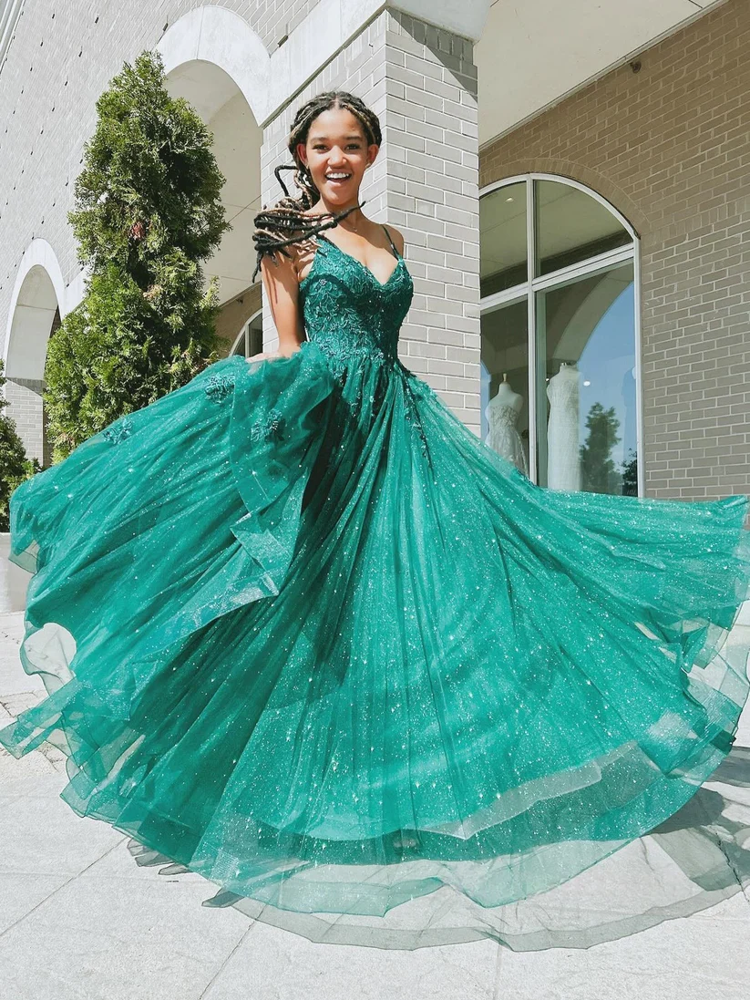 Glitter Green Tulle Appliques Sequins Prom Dress A Line Party Evening Gown cc2237