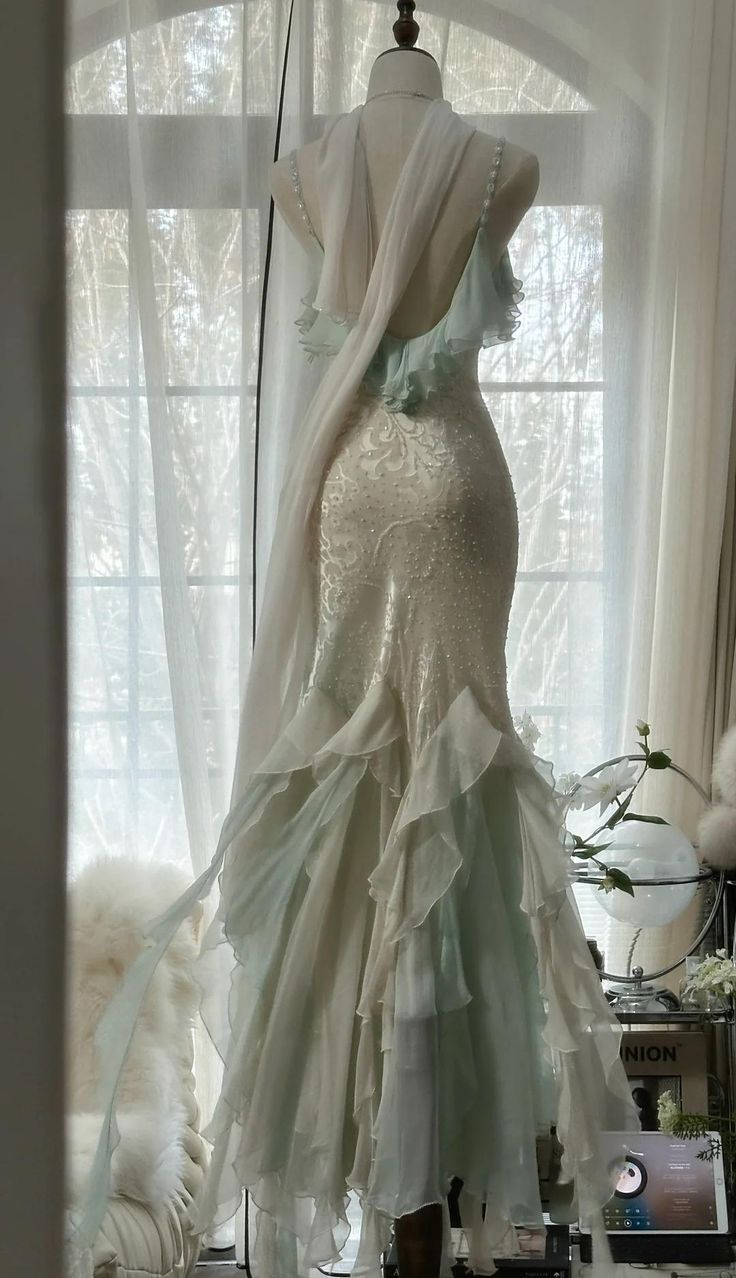 Classy Light Green Chiffon Beaded Mermaid Prom Dress,Spaghetti Straps Party Evening Dress cc2966
