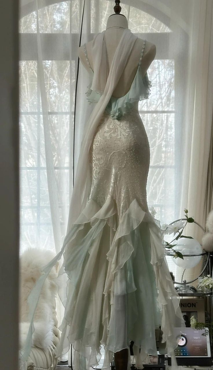 Classy Light Green Chiffon Beaded Mermaid Prom Dress,Spaghetti Straps Party Evening Dress cc2966
