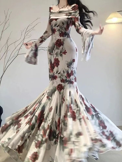 Vintage Mermaid Print Floarl Evening Dress Formal Prom Dress cc2009