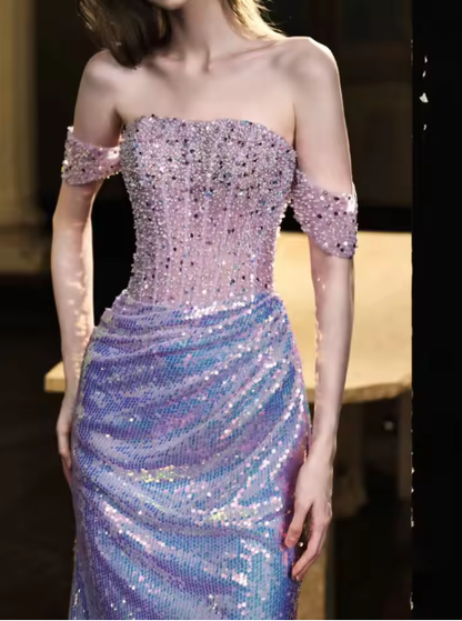 Glitter Sequins Beaded Mermaid Evening Dress,Lilac Off Shoulder Party Prom Dress cc2636
