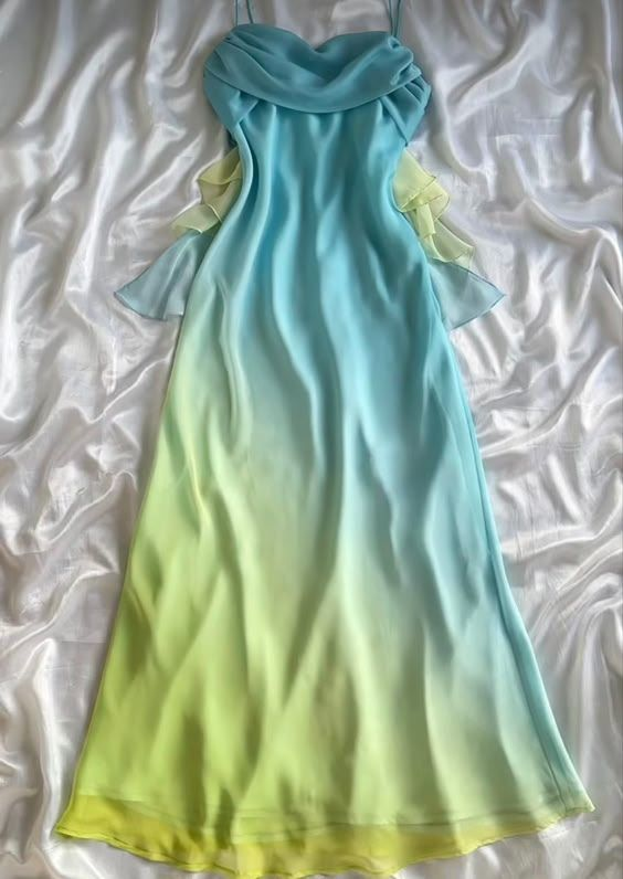 Classy Sheath Ombre Blue Long Chiffon Prom Dress Spaghetti Straps Evening Dress cc2070