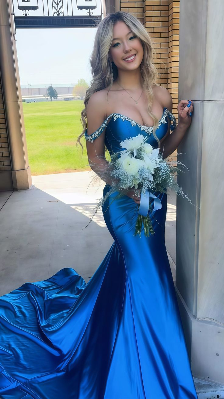 Gorgeous Blue Satin Beaded Evening Dress Mermaid Party Prom Dress cc2264