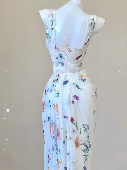 Fairy Chiffon Print Long Mermaid Pleated Evening Dress White Formal Prom Dress cc1481