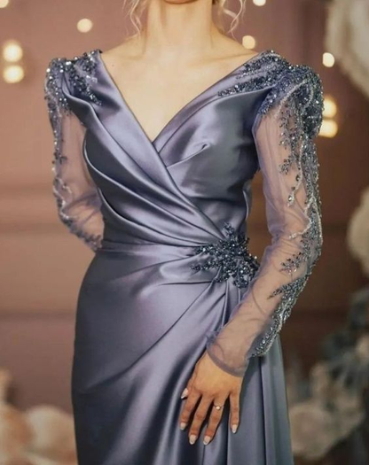 Evening Formal Dresses Long Sleeves V Neck Beaded Elegant Women Wear Prom Dresses cc688