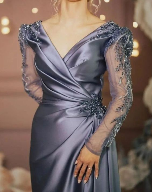 Evening Formal Dresses Long Sleeves V Neck Beaded Elegant Women Wear Prom Dresses cc688