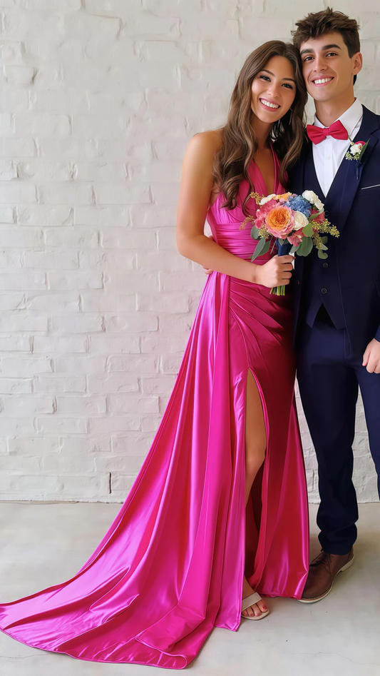 Pretty V Neck Satin Ruched Mermaid Evening Dress,Hot Pink Slit Prom Party Gown cc2473