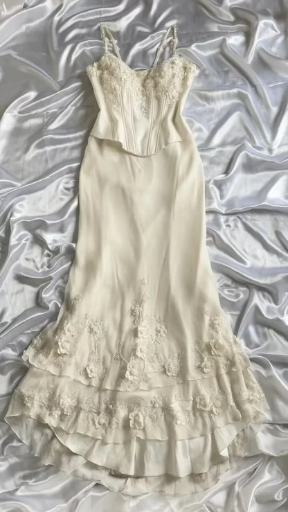 Elegant Straps Chiffon Ivory Long Prom Dress Mermaid Evening Dress cc1500