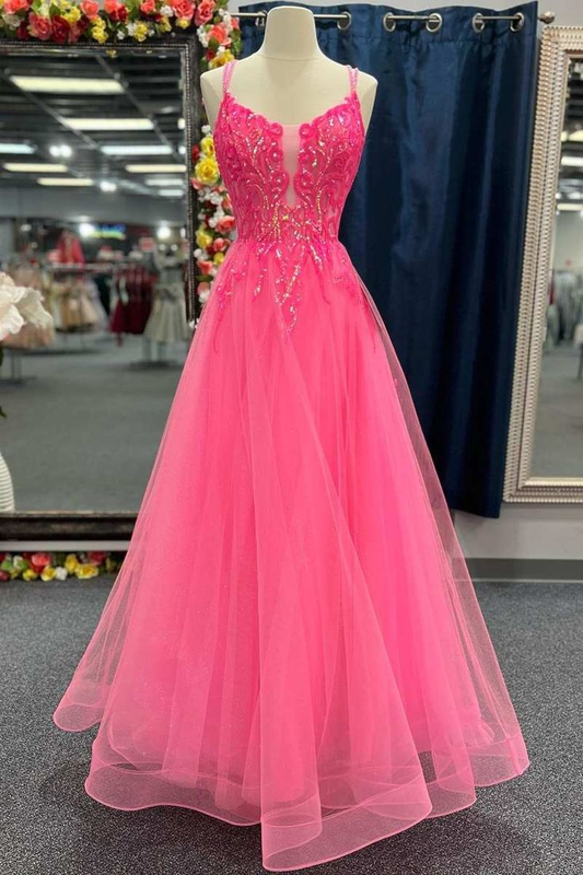 Hot Pink Tulle Appliques Lace-Up A-Line Long Prom Dress cc1006