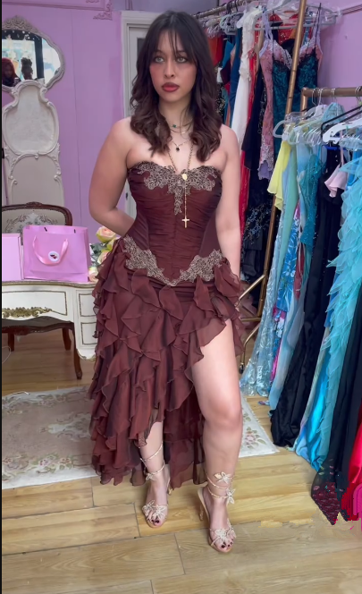 Unique Pink Strapless Appliques Prom Dress,Chiffon Side Slit Ruffles Party Evening Dress cc2683