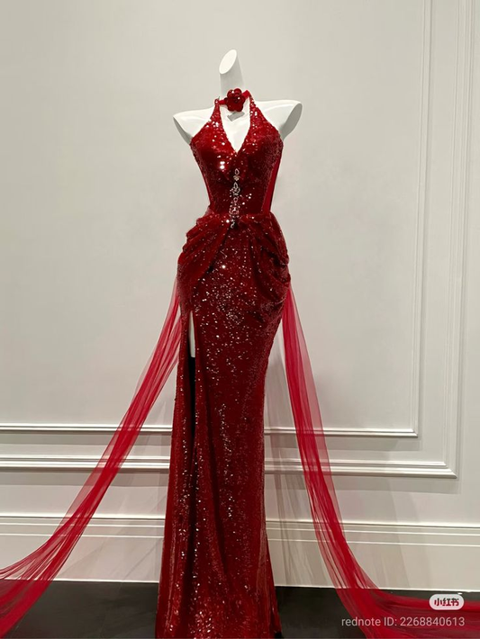Sexy Halter Sequin Evening Dress Red Mermaid Slit Prom Dress cc3031