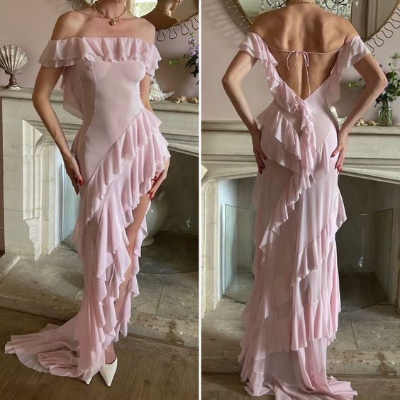Sexy Pink Off Shoulder Chiffon Ruffles Party Dress Slit Prom Evening Gown  cc2392