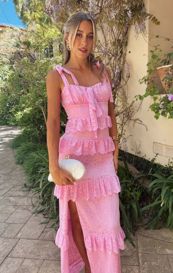 Lovely Pink Lace Tiered Side Slit Long Party Dress Formal Prom Evening Gown  cc1531