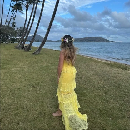 Sexy Yellow Lace Layered Slit Prom Dress Spaghetti Straps Long Party Evening Dress cc1530