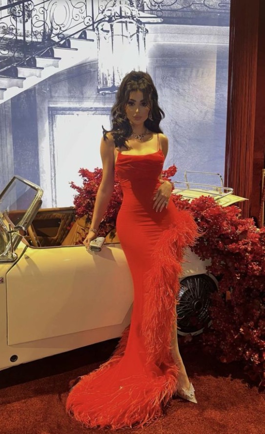 Sexy Mermaid Red Straps Long Prom Dress,Formal Evening Dress With Feathers cc1701