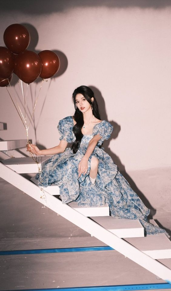 Beautiful High Low Blue Chiffon Floral Prom Dress Fairy Long Evening Dress cc1644