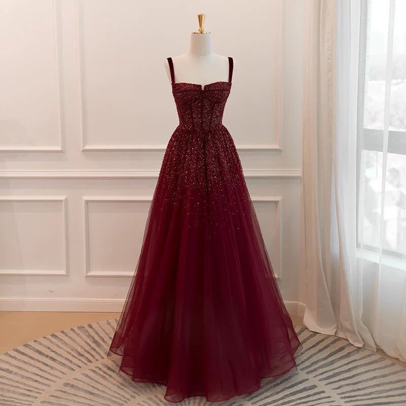 Burgundy Tulle Sequins A Line Ball Gown Glitter Party Evening Dress cc1574