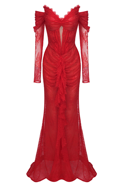 Sexy Red Off The Shoulder Lace Mermaid Evening Dress Formal Party Prom Dress cc1749