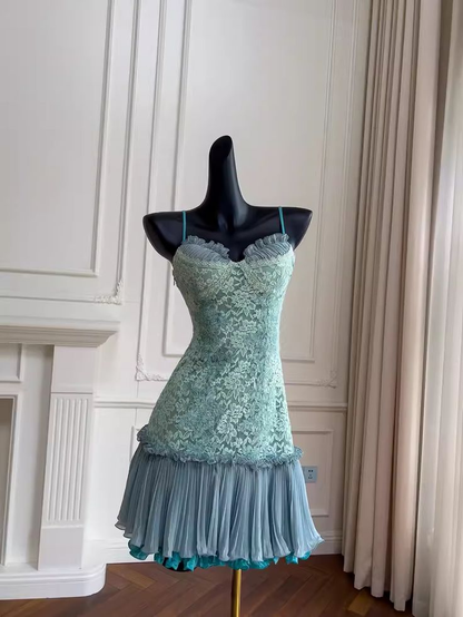 Unique Green Spaghetti Straps Lace Birthday Outfit Homecoming Dress cc1767