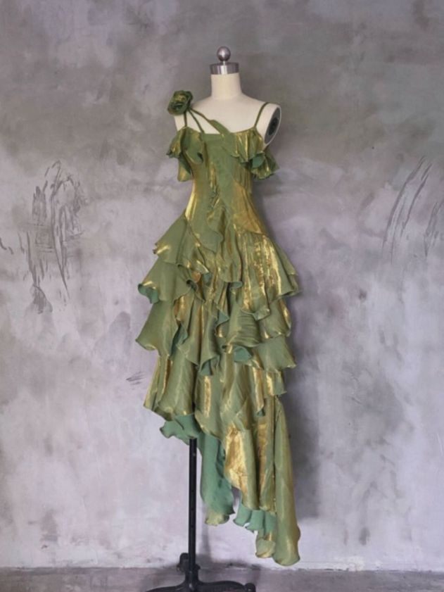 Vintage Green Asymmetrical Layered Flounce Spaghetti Strap Prom Dress Evening Gown cc1458
