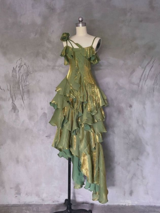 Vintage Green Asymmetrical Layered Flounce Spaghetti Strap Prom Dress Evening Gown cc1458