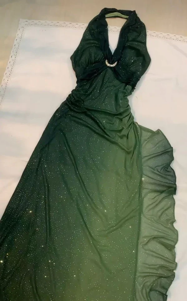 Elegant Halter Ombre Green Chiffon Long Prom Dress Glitter Evening Dress cc1394