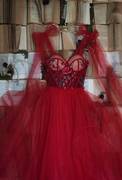 Red Prom Dress Tulle Evening Gowns C1240