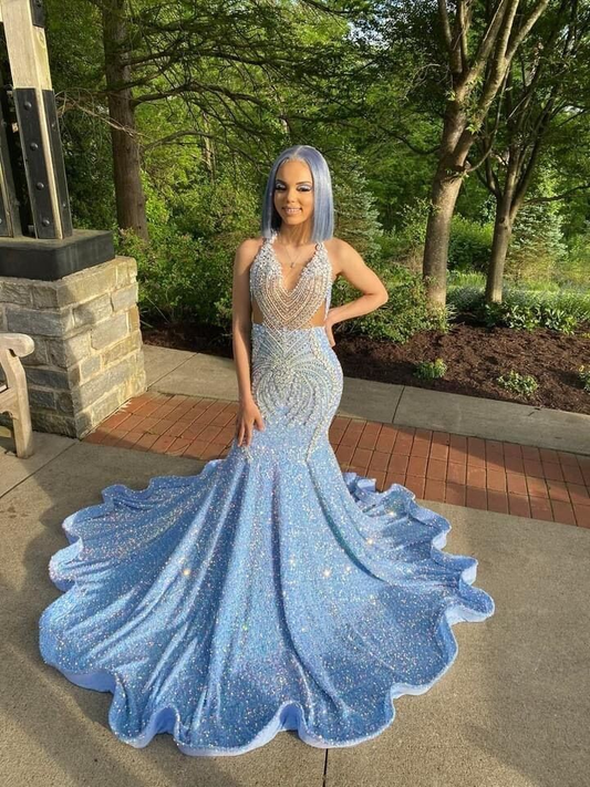 Gorgeous Blue Sequins Beaded Mermaid Evening Dress Shiny Party Prom Dress cc1694