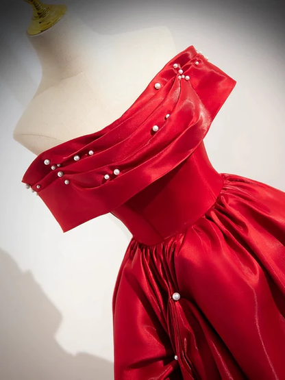 Red Satin Off Shoulder Long Prom Dress, Beautiful A Line Ball Gown cc1511
