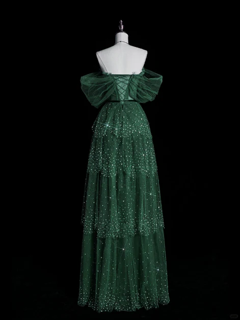 Sparkly Green Layers Tulle Prom Dress, Off The Shoulder A Line Long Party Dress cc1510