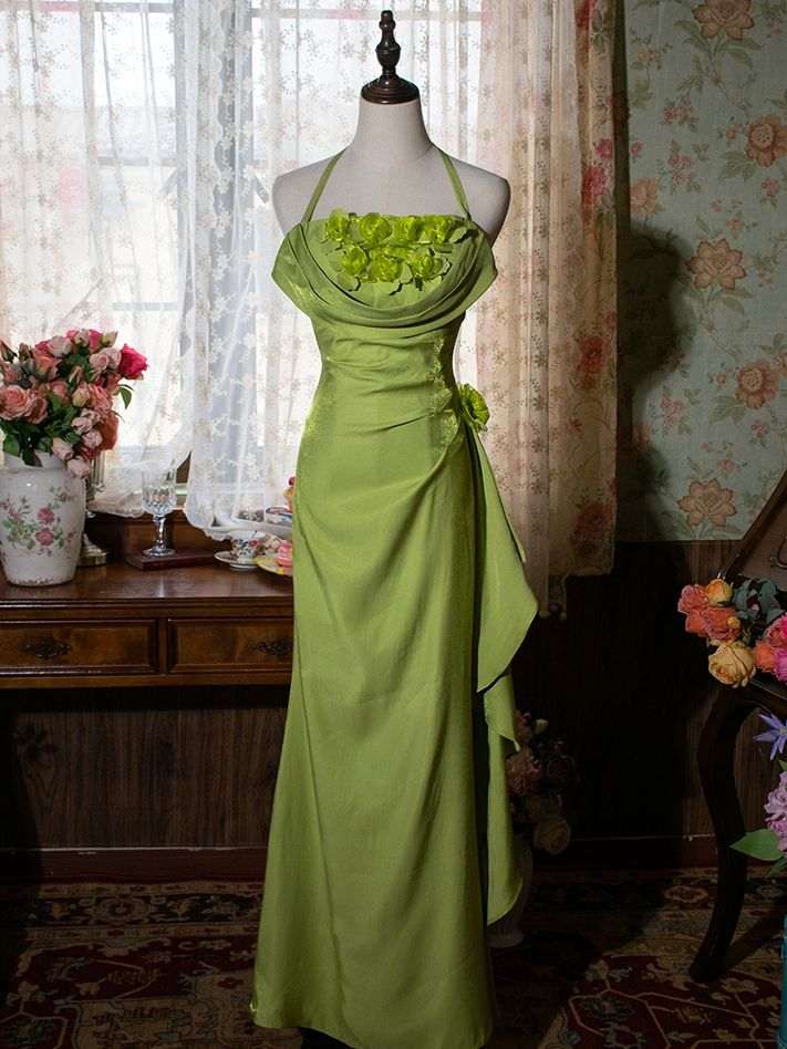 Green Halter Floral Prom Gown Vintage Party Dress Evening Dress cc1490