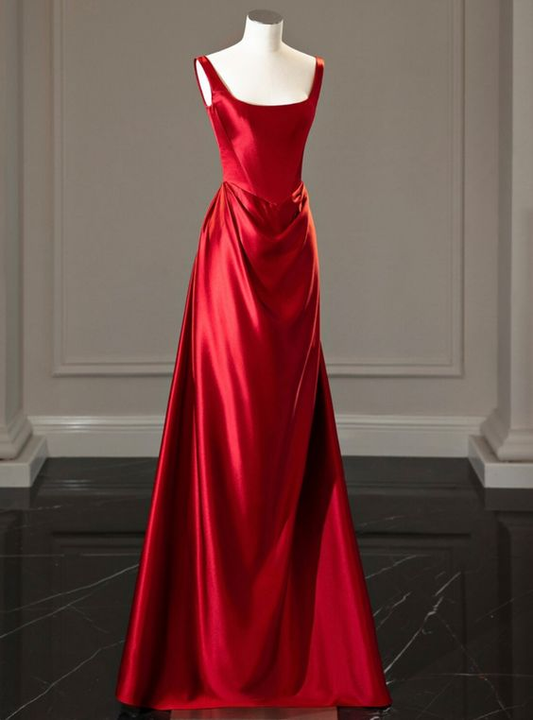 Elegant Red Satin Straps Pleats Prom Dress Long A Line Party Evening Dress cc1515