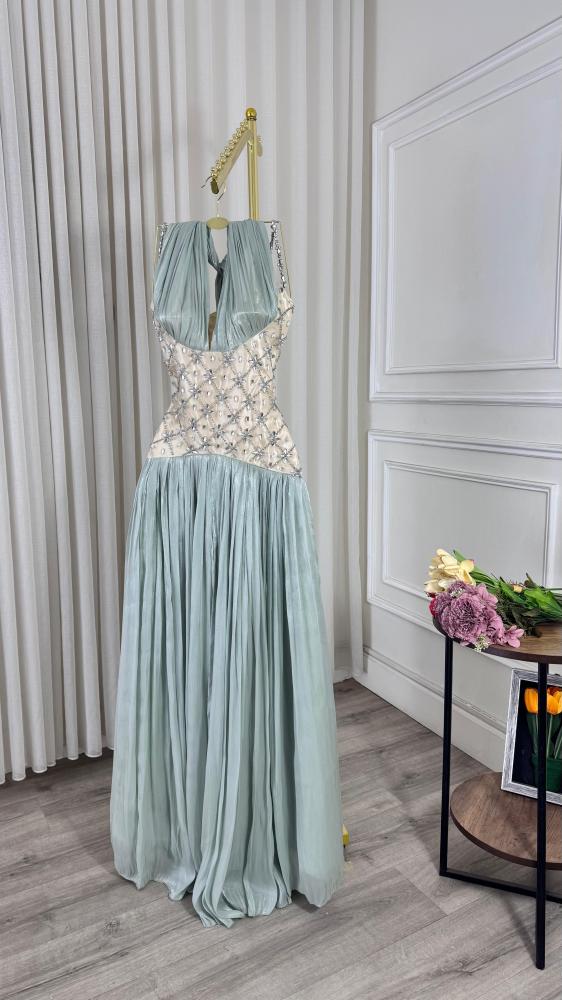 Elegant Light Blue A-line Rhinestone Deep V Halter Neck Chiffon Long Prom Dress Evening Dress cc4948
