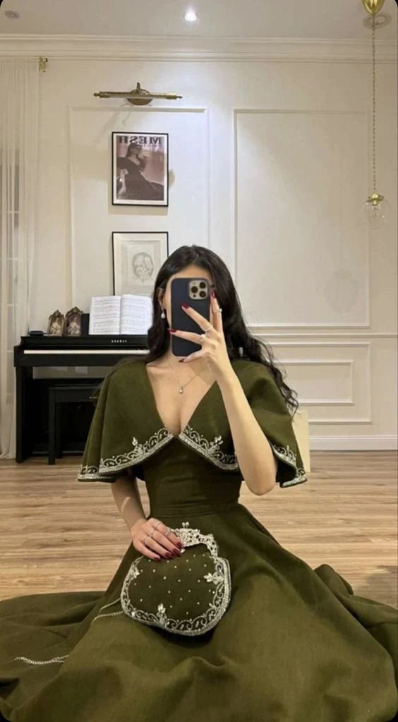 Retro Style V Neck Long Prom Dress,Winter Dance Dress cc578