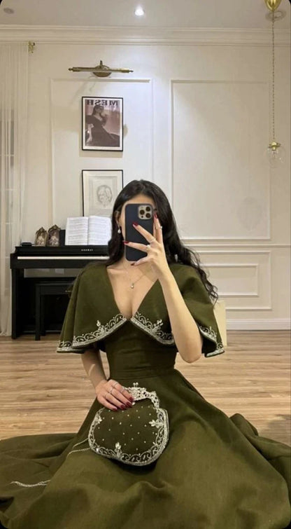Retro Style V Neck Long Prom Dress,Winter Dance Dress cc578