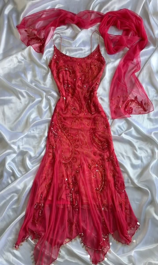 Luxurious Spaghetti Straps Beaded Red Party Dress Sexy Mermaid Chiffon Prom Dress cc1519