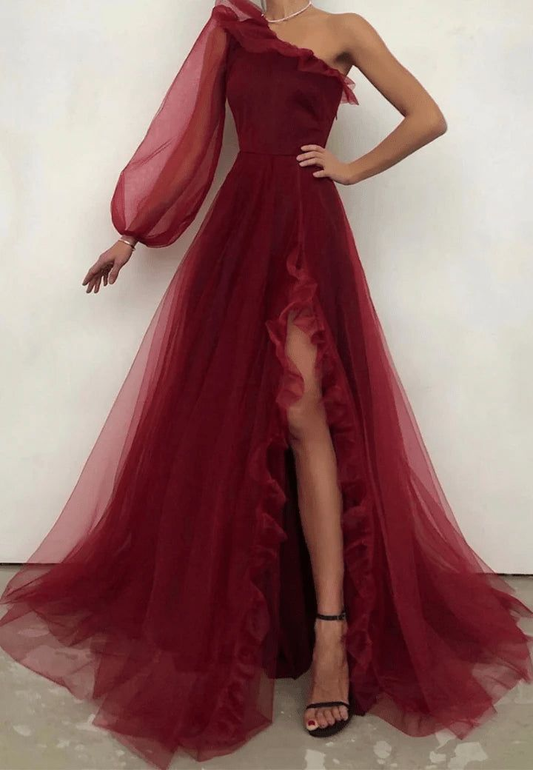 Burgundy One Shoulder Tulle Slit Pleated Evening Dress A Line Party Prom Dress cc1773