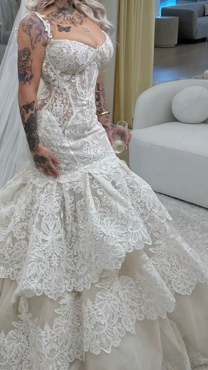 Gorgeous Ivory Lace Strapless Mermaid Wedding Dress with Layered Organza Train cc4704