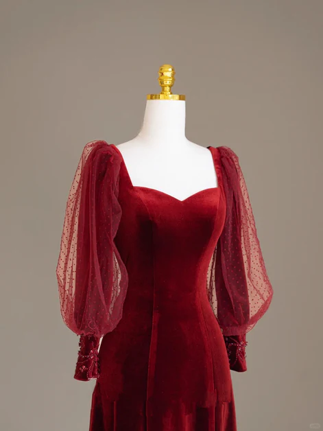 Elegant Burgundy Velvet Long Prom Dress, Puffy Sleeves Wedding Party Dress cc1513