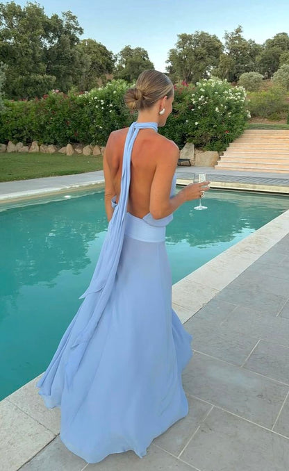 Elegant Blue Loose Halter Neck Tie Backless Chiffon Long Prom Dress Evening Dress cc4844