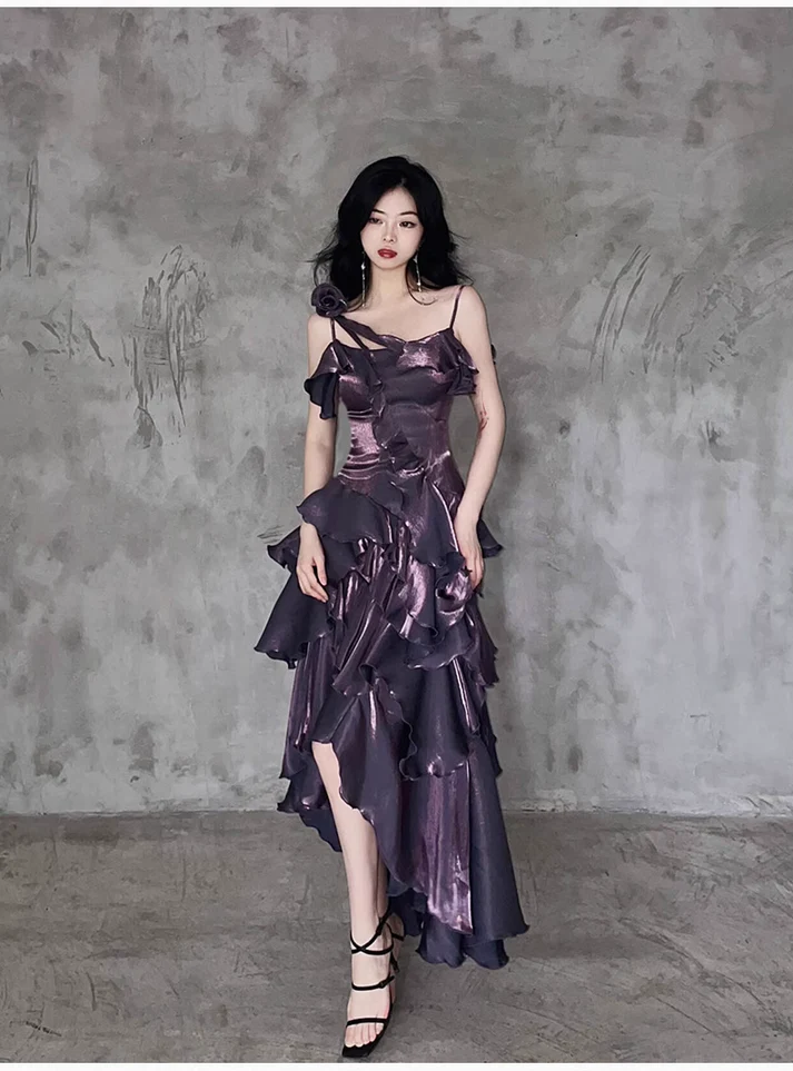 Purple Irregular Ruffle Spaghetti Straps Prom Dress Long Layered Birthday Dress Party Dress cc1460