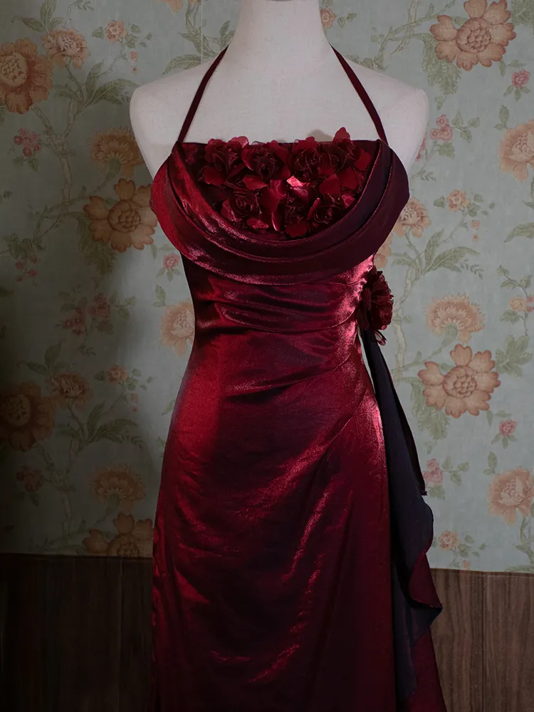Vintage Burgundy Floral Long Prom Dress Halter Party Evening Gown cc1492