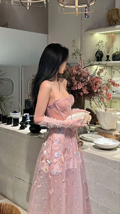 Unique A Line Long Party Evening Dress Pink Lace Prom Dress cc1643