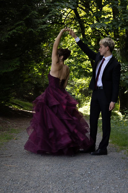 Vintage Burgundy Spaghetti Strap A-Line Multi-Layer Sequin Tulle Long Prom Dress Evening Dress cc5646