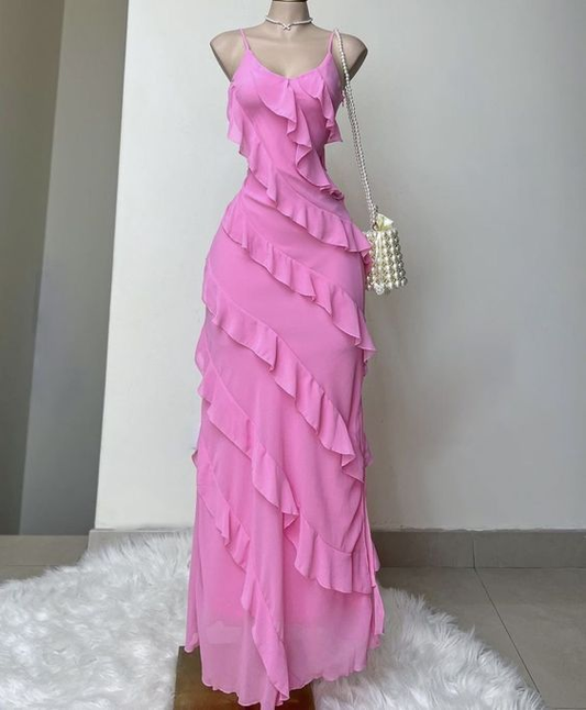 Chic Spaghetti Straps Pink Chiffon Ruffles Party Dress V Neck Prom Evening Dress cc1488