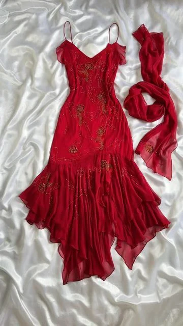 Red Chiffon Beaded Long Prom Dress Mermaid Evening Dress cc1415